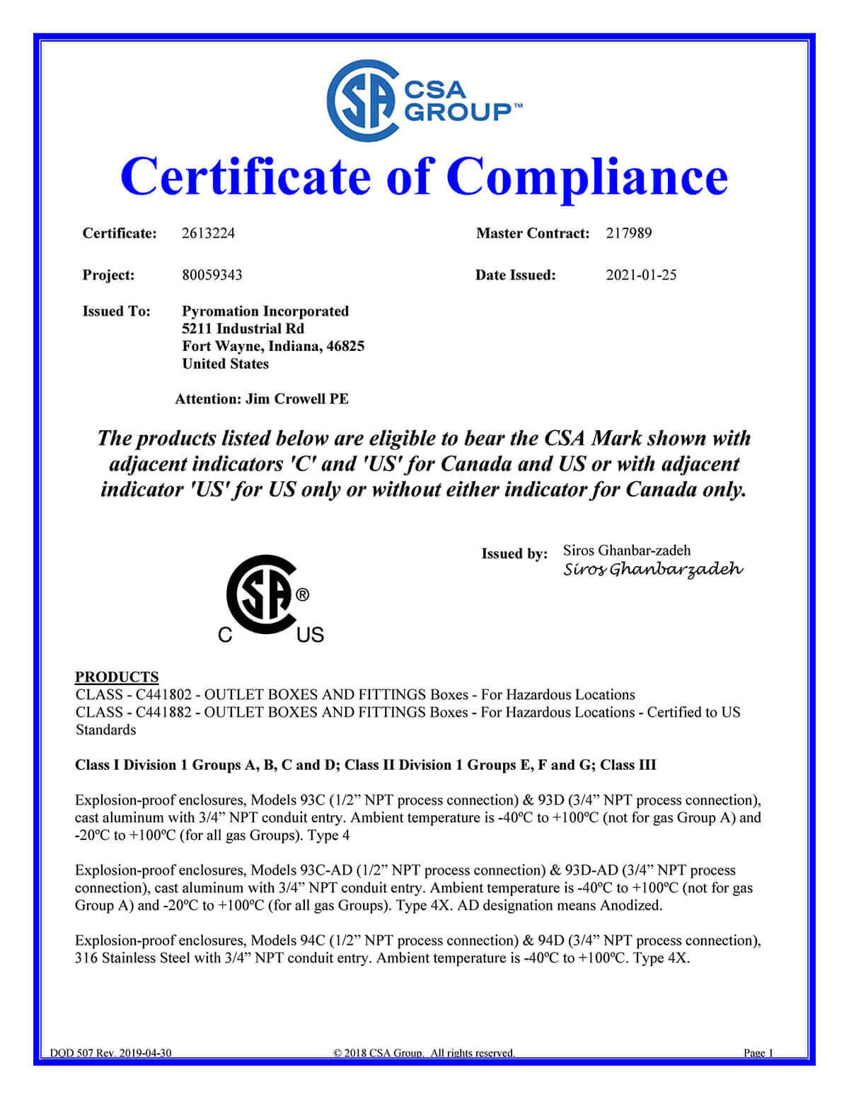 csa certificate of compliance